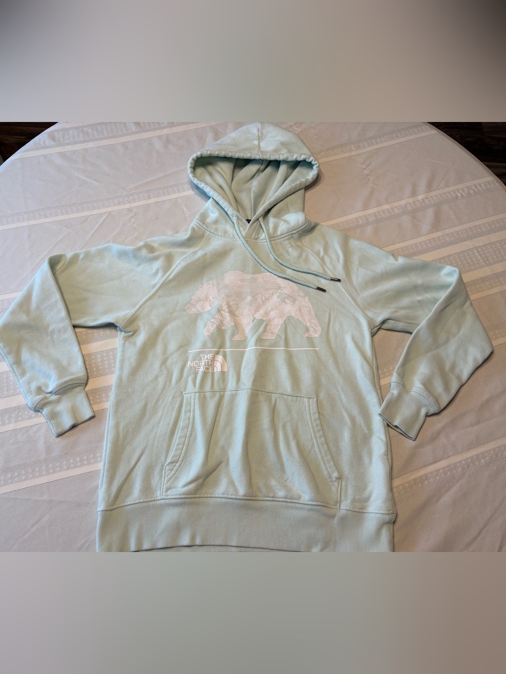 The North Face Light Mint Green Hoodie with Bear Graphic